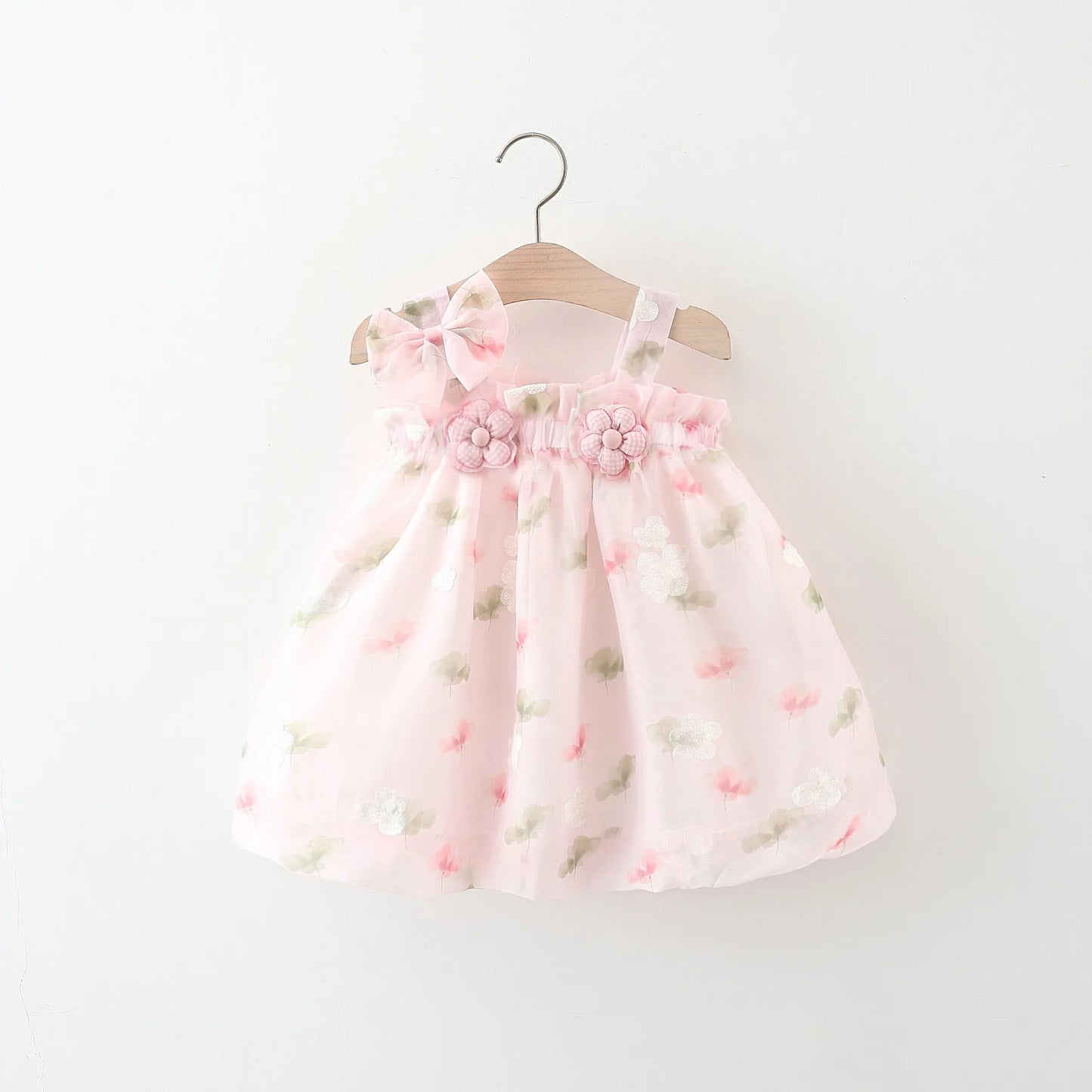 Kids Summer Dress with Flower Print and Front Bow – Yellow or Pink (0–3 Years)