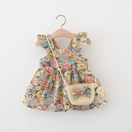 Kids Summer Dress with Floral Print & Matching Straw Bag – Red or Yellow (0–3 Years)