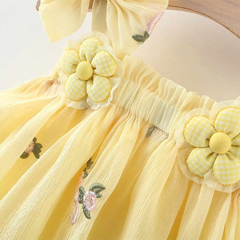 Kids Summer Dress with Flower Print and Front Bow – Yellow or Pink (0–3 Years)