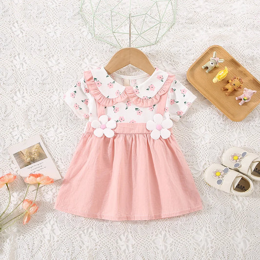 Summer Kids Dress with Floral Print & 3D Flower Detail – Yellow, Orange, Pink, or Green (0–2 Years)