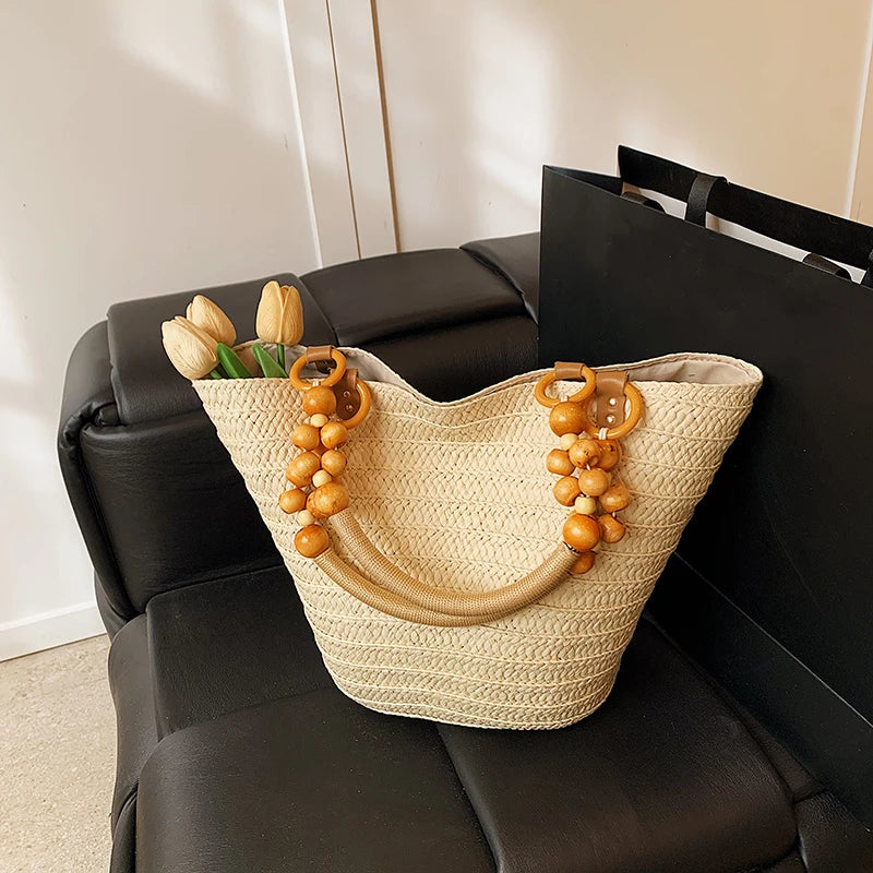 Straw Woven Shoulder Bag – Off - White & Khaki