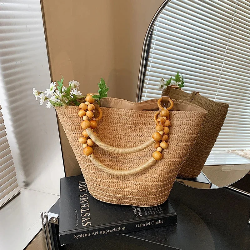 Straw Woven Shoulder Bag – Off - White & Khaki