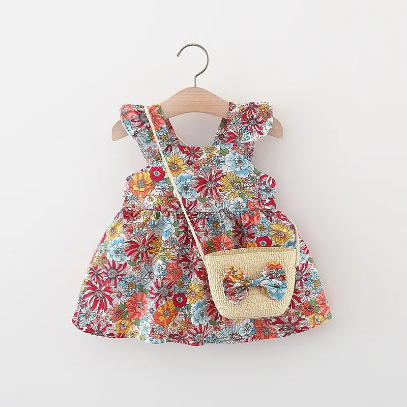 Kids Summer Dress with Floral Print & Matching Straw Bag – Red or Yellow (0–3 Years)