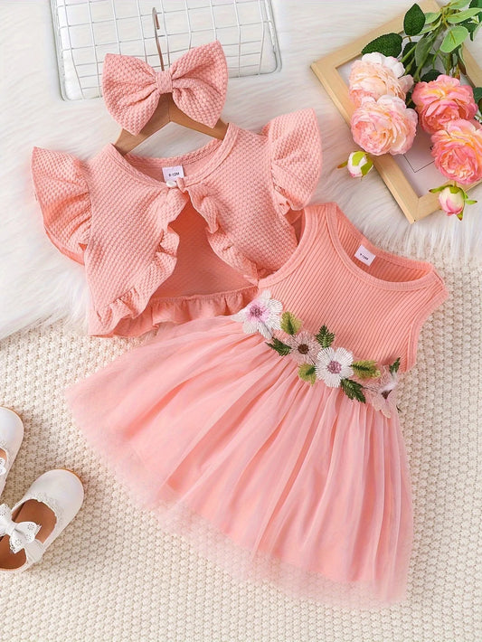 Kids Summer Dress 3-Piece Set with Floral Waist Detail – Pink, White, Green, or Yellow (0–3 Years)
