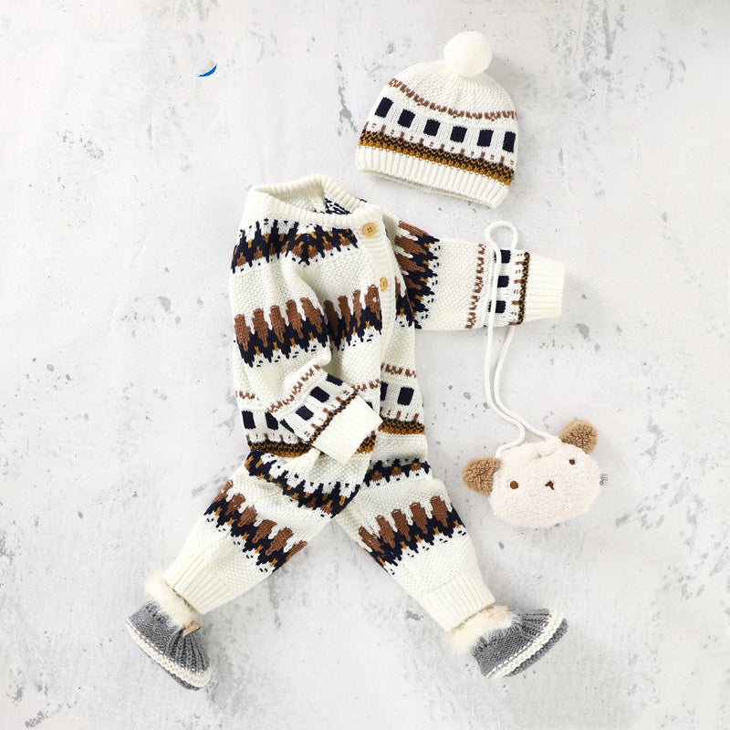 Winter Baby Boy Romper with Matching Hat – Available in White/Brown/Black or Grey/Black/White Patterns