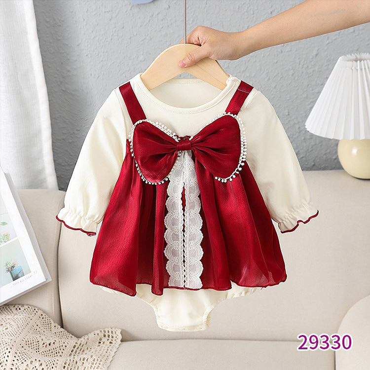 Baby Girl Romper Dress in Off-White and Red with Large Front Bow