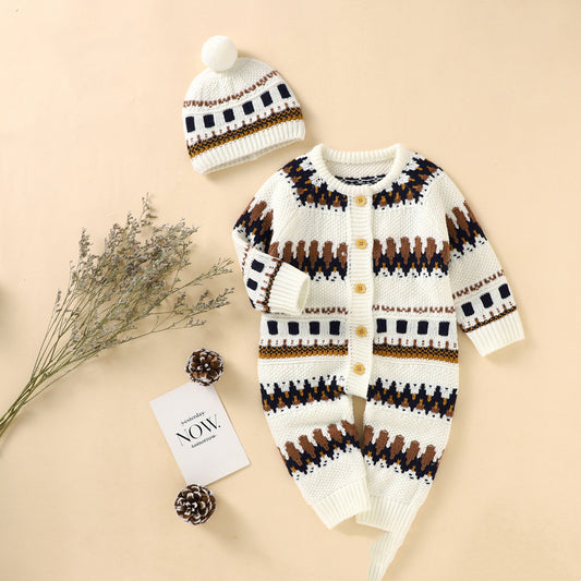 Winter Baby Boy Romper with Matching Hat – Available in White/Brown/Black or Grey/Black/White Patterns