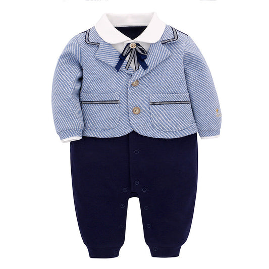 Baby Gentleman Romper – Navy Blue Bottom with Striped Suit Jacket Look (2 Variants)