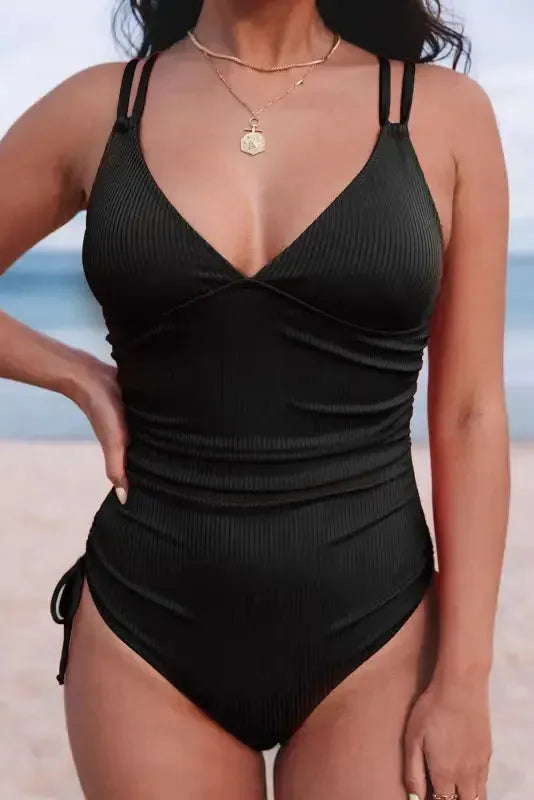 Black Ribbed One Piece Swimsuit – Flattering V-Neck Design-3