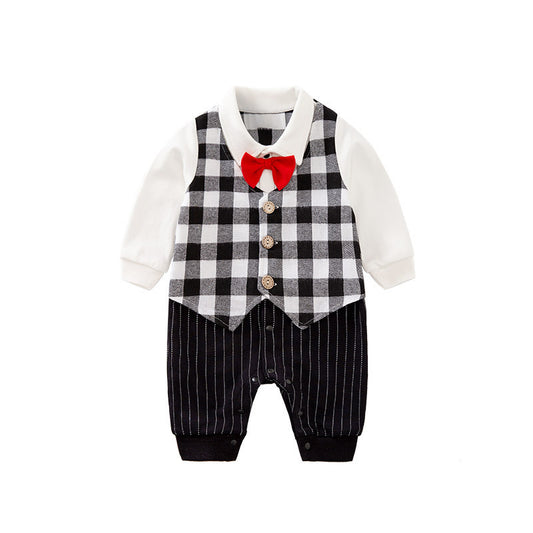 Baby Boy Formal Romper with Red Bow Tie and Checkered Vest Design