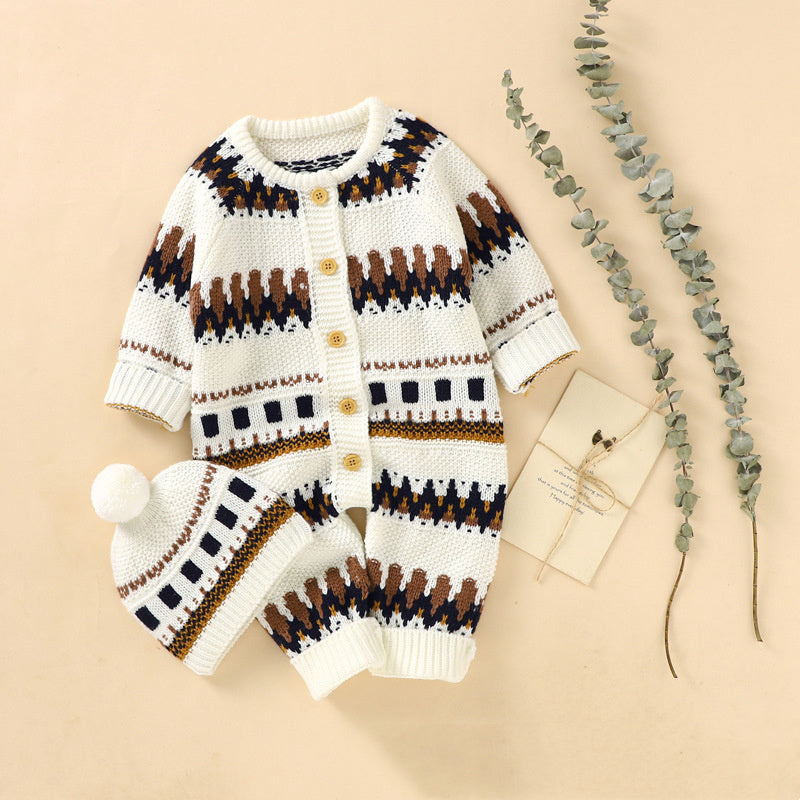 Winter Baby Boy Romper with Matching Hat – Available in White/Brown/Black or Grey/Black/White Patterns
