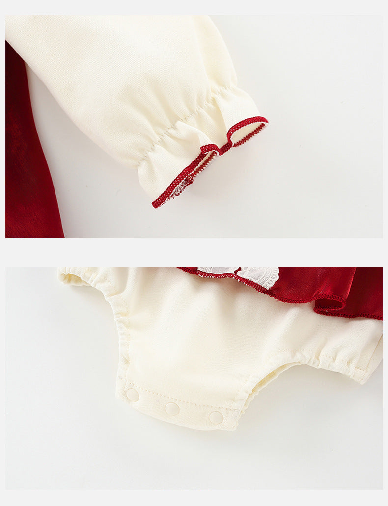 Baby Girl Romper Dress in Off-White and Red with Large Front Bow
