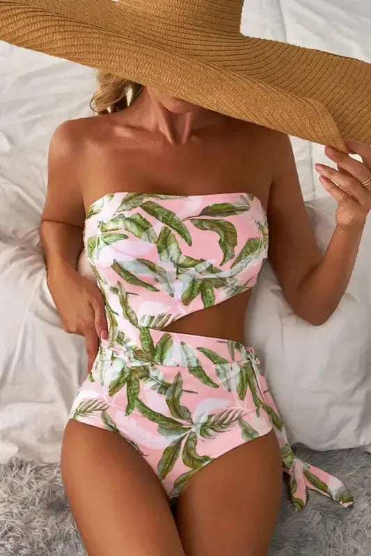 Island Vibes Swimsuit: Pink Tropical Asymmetric One-Piece-0