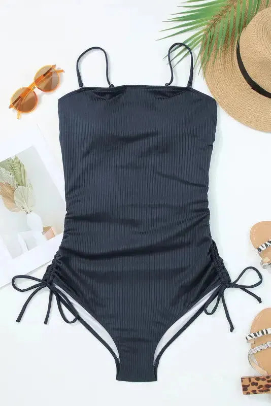 Navy Blue Ribbed Cutout One Piece Swimsuit-3