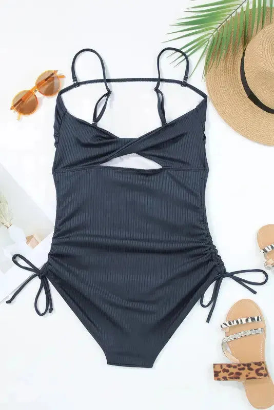 Navy Blue Ribbed Cutout One Piece Swimsuit-4