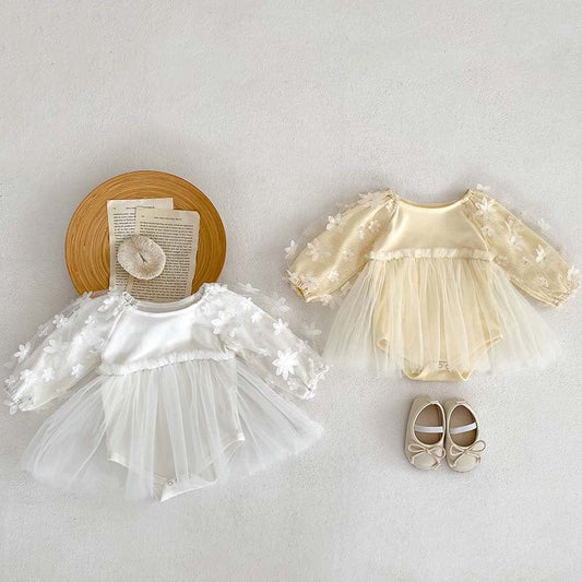 Baby Girl Solid Color Mesh Patched Design Dress-0