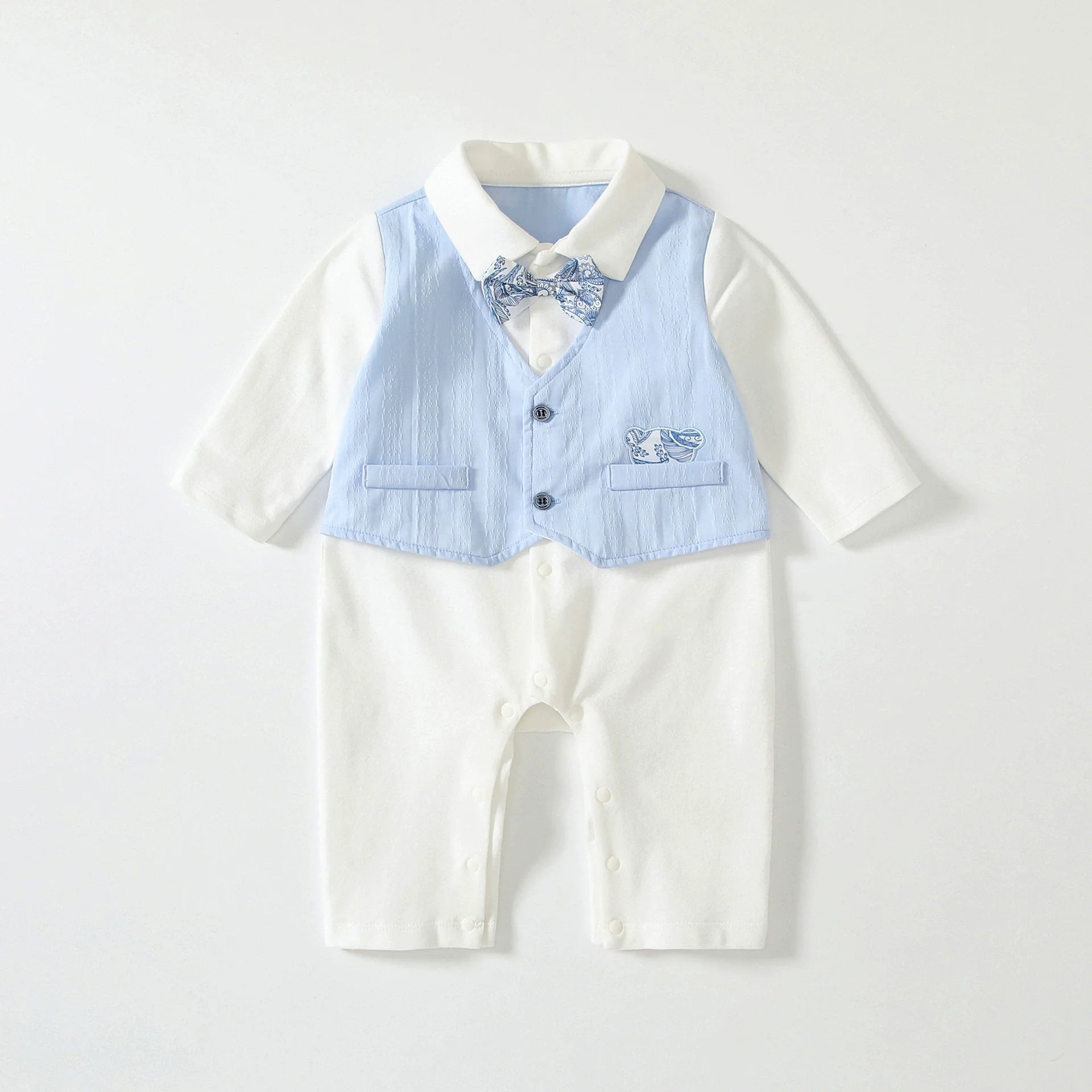Autumn Hot Selling Baby Boys Color Patchwork Rompers Bodysuits with Turn-down Collar-0