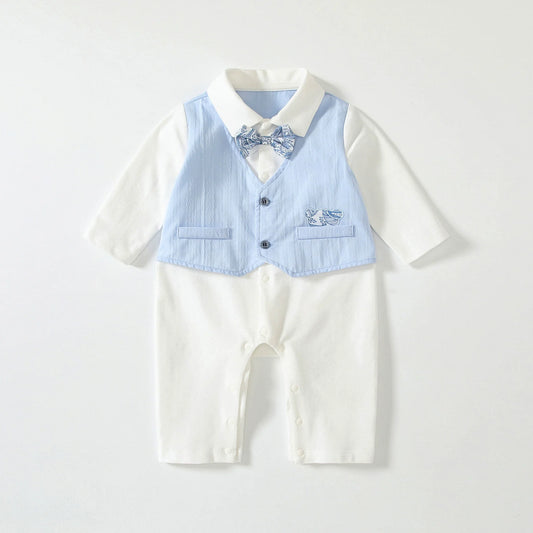 Autumn Hot Selling Baby Boys Color Patchwork Rompers Bodysuits with Turn-down Collar-0