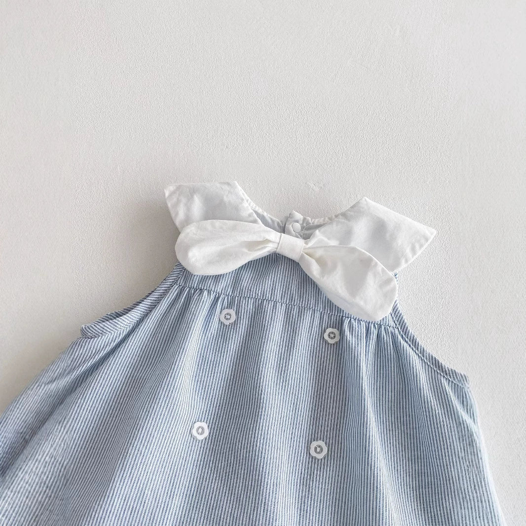 Summer Arrival Baby Girl Striped Pattern Sleeveless Dress with Butterfly-bow Tied Collar-3
