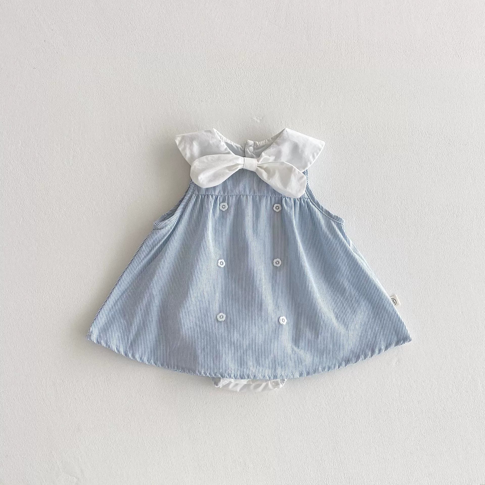 Summer Arrival Baby Girl Striped Pattern Sleeveless Dress with Butterfly-bow Tied Collar-4