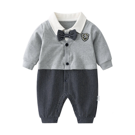 Baby Boy Badge Patched Pattern Striped Contrast Design Snap Button Front Bow Tie Rompers-0