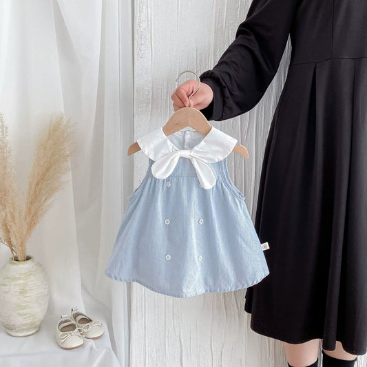 Summer Arrival Baby Girl Striped Pattern Sleeveless Dress with Butterfly-bow Tied Collar-0